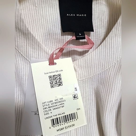 Alex Marie Long Sleeve Striped Fit & Flare Dress Button Up Stand Collar Beige 4 - Picture 8 of 10